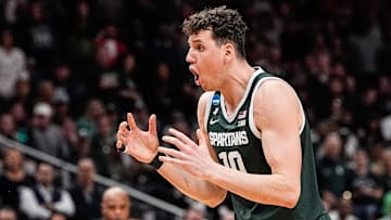 Michigan State center Szymon Zapala (10) reacts to a personal foul called on forward Jaxon Kohler (0) against Auburn during the first half of the Elite Eight round of NCAA tournament at State Farm Arena in Atlanta, Ga. on Sunday, March 30, 2025.