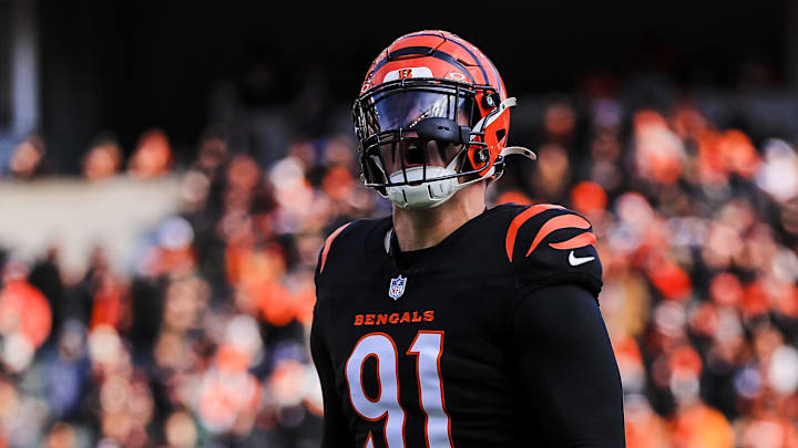 Dec 22, 2024; Cincinnati, Ohio, USA; Cincinnati Bengals defensive end Trey Hendrickson (91) runs onto the field before the game against the Cleveland Browns at Paycor Stadium. Mandatory Credit: Katie Stratman-Imagn Images