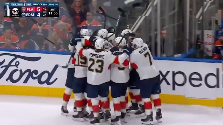 Florida Panthers celebrate after winning Game 2 of the Stanley Cup Final on Jun 6, 2025. | NHL on TNT / X / Screensho