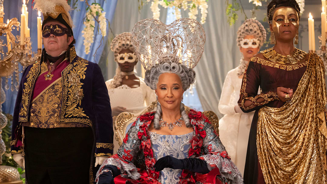 Bridgerton. (L to R) Hugh Sachs as Brimsley, Golda Rosheuvel as Queen Charlotte, Adjoa Andoh as Lady Danbury in episode 401 of Bridgerton Bridgerton. (L to R) Hugh Sachs as Brimsley, Golda Rosheuvel as Queen Charlotte, Adjoa Andoh as Lady Danbury in episode 401 of Bridgerton