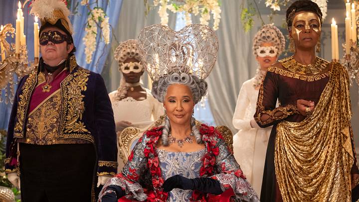 Bridgerton. (L to R) Hugh Sachs as Brimsley, Golda Rosheuvel as Queen Charlotte, Adjoa Andoh as Lady Danbury in episode 401 of Bridgerton