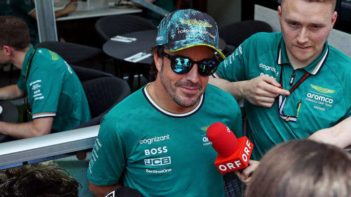 May 2, 2024; Miami Gardens, Florida, USA; Aston Matrin driver Fernando Alonso (14) speaks to the media in advance of the F1 Miami Grand Prix at the Miami International Autodrome. Mandatory Credit: Peter Casey-USA TODAY Sports