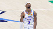 Jun 16, 2025; Oklahoma City, Oklahoma, USA; Oklahoma City Thunder guard Shai Gilgeous-Alexander (2) looks on during the fourth quarter against the Indiana Pacers in game five of the 2025 NBA Finals at Paycom Center. Mandatory Credit: Alonzo Adams-Imagn Images