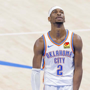 Jun 16, 2025; Oklahoma City, Oklahoma, USA; Oklahoma City Thunder guard Shai Gilgeous-Alexander (2) looks on during the fourth quarter against the Indiana Pacers in game five of the 2025 NBA Finals at Paycom Center. Mandatory Credit: Alonzo Adams-Imagn Images