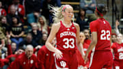 Indiana Hoosiers guard Sydney Parrish (33) high-fives Indiana Hoosiers guard Chloe Moore-McNeil (22) Sunday, March 2, 2025, during the NCAA women’s basketball game against the Purdue Boilermakers at Mackey Arena in West Lafayette, Ind.