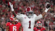 Alabama wide receiver Isaiah Horton celebrates after scoring a touchdown against Georgia earlier this season. The teams could be on a collision course to meet in the SEC championship game.