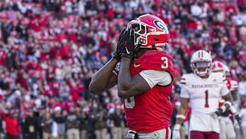 Nov 23, 2024; Athens, Georgia, USA; Georgia Bulldogs running back Nate Frazier (3) reacts after scoring a touchdown against the Massachusetts Minutemen during the second half at Sanford Stadium. Mandatory Credit: Dale Zanine-Imagn Images