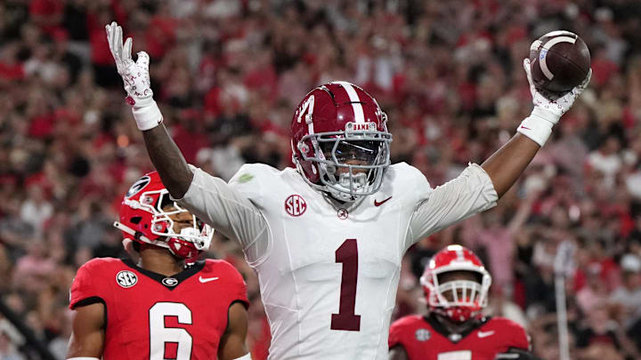 Alabama wide receiver Isaiah Horton celebrates after scoring a touchdown against Georgia earlier this season. The teams could be on a collision course to meet in the SEC championship game.