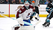 Dec 19, 2024; San Jose, California, USA;  Colorado Avalanche goalie Mackenzie Blackwood (39) follows the puck against the San Jose Sharks in the second period at SAP Center at San Jose. Mandatory Credit: David Gonzales-Imagn Images