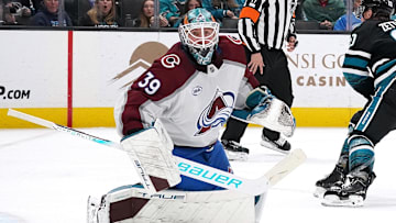Dec 19, 2024; San Jose, California, USA;  Colorado Avalanche goalie Mackenzie Blackwood (39) follows the puck against the San Jose Sharks in the second period at SAP Center at San Jose. Mandatory Credit: David Gonzales-Imagn Images