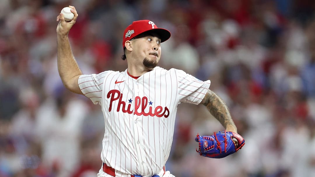 Oct 6, 2025; Philadelphia, Pennsylvania, USA; Philadelphia Phillies pitcher Orion Kerkering (50) throws a pitch against the Los Angeles Dodgers in the seventh inning during game two of the NLDS round for the 2025 MLB playoffs at Citizens Bank Park. Mandatory Credit: Bill Streicher-Imagn Images