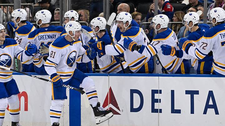 Nov 7, 2024; New York, New York, USA;  Buffalo Sabres center Sam Lafferty (81) celebrates his goal with the bench against the New York Rangers during the second period at Madison Square Garden. Mandatory Credit: Dennis Schneidler-Imagn Images
