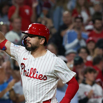 Sep 9, 2024; Philadelphia, Pennsylvania, USA; Philadelphia Phillies designated hitter Kyle Schwarber (12) reacts after hitting a home run against the Tampa Bay Rays during the sixth inning at Citizens Bank Park