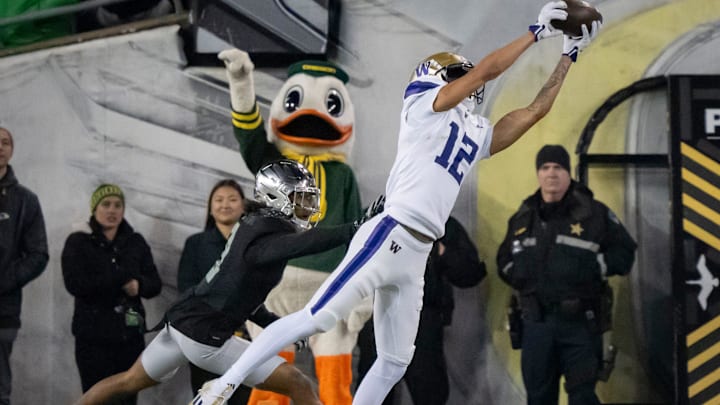 Washington wide receiver Denzel Boston hauls in a catch as the No. 1 Oregon Ducks host the Washington Huskies Saturday, Nov. 30, 2024 at Autzen Stadium in Eugene, Ore.
