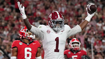 Sep 27, 2025; Athens, Georgia, USA; Alabama Crimson Tide wide receiver Isaiah Horton (1) celebrates after scoring a touchdown against the Georgia Bulldogs in the second quarter at Sanford Stadium. Mandatory Credit: Dale Zanine-Imagn Images