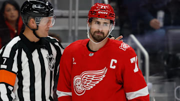 Nov 20, 2025; Detroit, Michigan, USA;  Detroit Red Wings center Dylan Larkin (71) reacts in the second period against the New York Islanders at Little Caesars Arena. Mandatory Credit: Rick Osentoski-Imagn Images