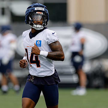 Jul 26, 2024; Englewood, CO, USA; Denver Broncos wide receiver Courtland Sutton (14) during training camp at Broncos Park Powered by CommonSpirit. 