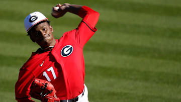 Georgia's Jaden Woods (17) throws a pitch during an NCAA baseball doubleheader between Evansville and Georgia in Athens, Ga., on Saturday, Feb. 20, 2021. Georgia won both games. [Photo/Joshua L. Jones, Athens Banner-Herald]

News Joshua L Jones