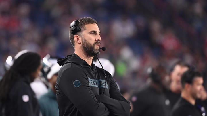 Aug 15, 2024; Foxborough, MA, USA; Philadelphia Eagles head coach Nick Sirianni works from the sideline during the first half against the New England Patriots at Gillette Stadium. Mandatory Credit: Eric Canha-USA TODAY Sports