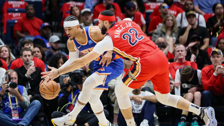 Oct 28, 2023; New Orleans, Louisiana, USA; New York Knicks guard Josh Hart (3) is cornered by New Orleans Pelicans forward Larry Nance Jr. (22) during the first quarter at Smoothie King Center. Mandatory Credit: Matthew Dobbins-USA TODAY Sports