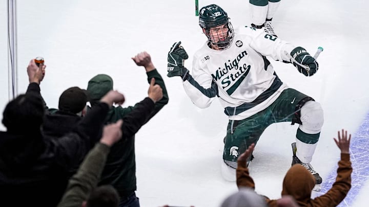 Michigan State forward Porter Martone (22) celebrates scoring a goal against Michigan during the first period of Duel in the D at Little Caesars Arena in Detroit on Saturday, February 7, 2026.