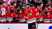 Feb 7, 2025; Chicago, Illinois, USA; Chicago Blackhawks defenseman Seth Jones (4) celebrates his goal against the Nashville Predators during the second period at the United Center. Mandatory Credit: Daniel Bartel-Imagn Images