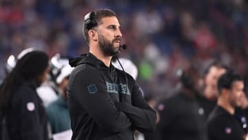 Aug 15, 2024; Foxborough, MA, USA; Philadelphia Eagles head coach Nick Sirianni works from the sideline during the first half against the New England Patriots at Gillette Stadium. Mandatory Credit: Eric Canha-USA TODAY Sports
