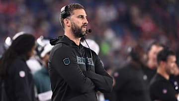 Aug 15, 2024; Foxborough, MA, USA; Philadelphia Eagles head coach Nick Sirianni works from the sideline during the first half against the New England Patriots at Gillette Stadium. Mandatory Credit: Eric Canha-Imagn Images