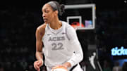 Sep 29, 2024; Brooklyn, New York, USA; Las Vegas Aces center A'ja Wilson (22) dribbles the ball against the New York Liberty during game one of the 2024 WNBA Semi-finals at Barclays Center. 