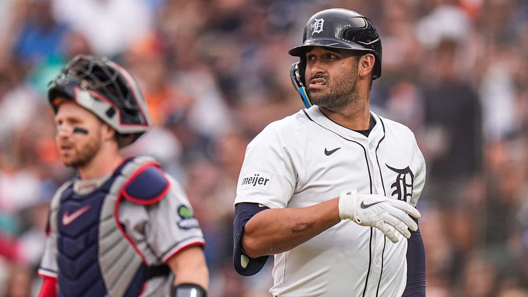 Detroit Tigers designated hitter Riley Greene (31) reacts after strike out against Minnesota Twins during the fifth inning at Comerica Park in Detroit in Monday, August 4, 2025.