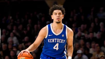 Jan 25, 2025; Nashville, Tennessee, USA;  Kentucky Wildcats guard Koby Brea (4) brings the ball up court against the Vanderbilt Commodores during the second half at Memorial Gymnasium. Mandatory Credit: Steve Roberts-Imagn Images