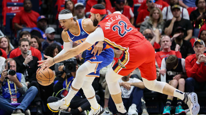 Oct 28, 2023; New Orleans, Louisiana, USA; New York Knicks guard Josh Hart (3) is cornered by New Orleans Pelicans forward Larry Nance Jr. (22) during the first quarter at Smoothie King Center.