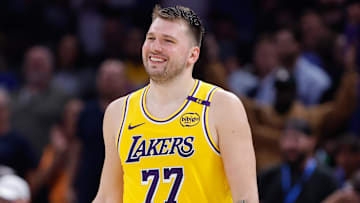 Apr 8, 2025; Oklahoma City, Oklahoma, USA; Los Angeles Lakers guard Luka Doncic (77) reacts after being ejected from a game against the Oklahoma City Thunder during the second half at Paycom Center. Mandatory Credit: Alonzo Adams-Imagn Images