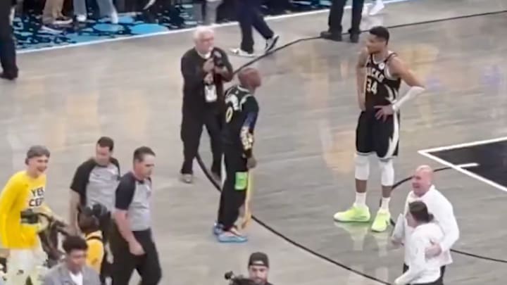 John Haliburton confronts Giannis Antetokounmpo on the court on April 29, 2025.