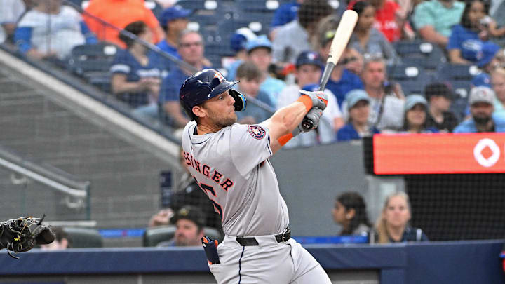 Jul 3, 2024; Toronto, Ontario, CAN; Houston Astros first baseman Grae Kessinger (16) bats against the Toronto Blue Jays at Rogers Centre. Mandatory Credit: Gerry Angus-Imagn Images