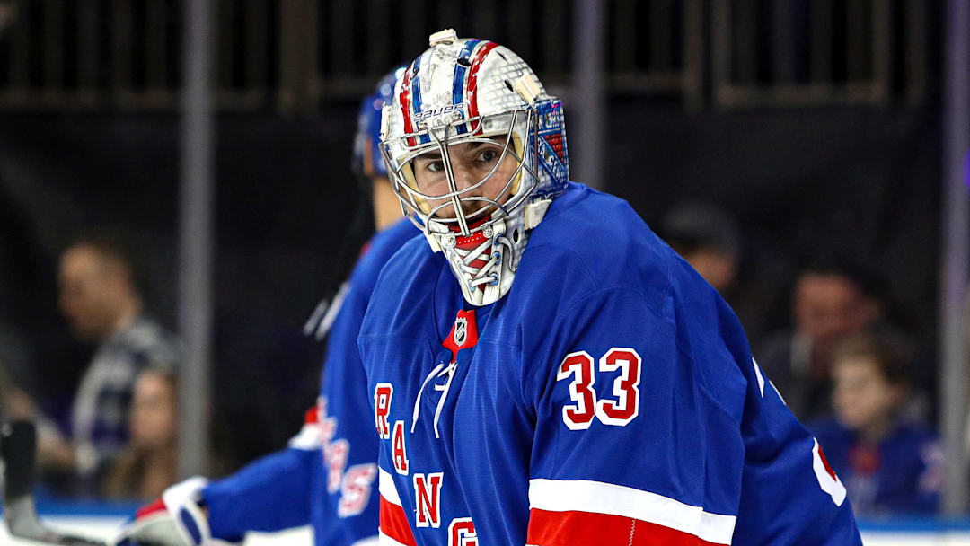 Dec 8, 2024; New York, New York, USA; New York Rangers goalie Dylan Garand (33) warms up before his NHL debut against the Seattle Kraken at Madison Square Garden. Mandatory Credit: Danny Wild-Imagn Images