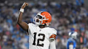 Aug. 8, 2025; Charlotte, North Carolina, USA;  Cleveland Browns quarterback Shedeur Sanders (12) celebrates his touchdown pass against the Carolina Panthers during the second quarter at Bank of America Stadium.