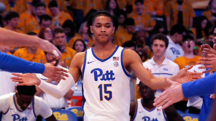 Mar 9, 2024; Pittsburgh, Pennsylvania, USA;  Pittsburgh Panthers guard Jaland Lowe (15) takes part in player introductions against the North Carolina State Wolfpack at the Petersen Events Center. Mandatory Credit: Charles LeClaire-USA TODAY Sports