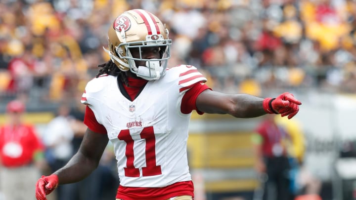 Sep 10, 2023; Pittsburgh, Pennsylvania, USA;  San Francisco 49ers wide receiver Brandon Aiyuk (11) gestures at the line of scrimmage against the Pittsburgh Steelers during the first quarter at Acrisure Stadium. Mandatory Credit: Charles LeClaire-USA TODAY Sports