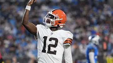 Aug 8, 2025; Charlotte, North Carolina, USA;  Cleveland Browns quarterback Shedeur Sanders (12) celebrates his touchdown pass against the Carolina Panthers during the second quarter at Bank of America Stadium. Mandatory Credit: Jim Dedmon-Imagn Images