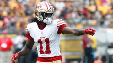 Sep 10, 2023; Pittsburgh, Pennsylvania, USA;  San Francisco 49ers wide receiver Brandon Aiyuk (11) gestures at the line of scrimmage against the Pittsburgh Steelers during the first quarter at Acrisure Stadium. Mandatory Credit: Charles LeClaire-USA TODAY Sports