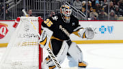 Jan 14, 2025; Pittsburgh, Pennsylvania, USA;  Pittsburgh Penguins goaltender Tristan Jarry (35) guards the net against the Seattle Kraken during the second period at PPG Paints Arena. Mandatory Credit: Charles LeClaire-Imagn Images