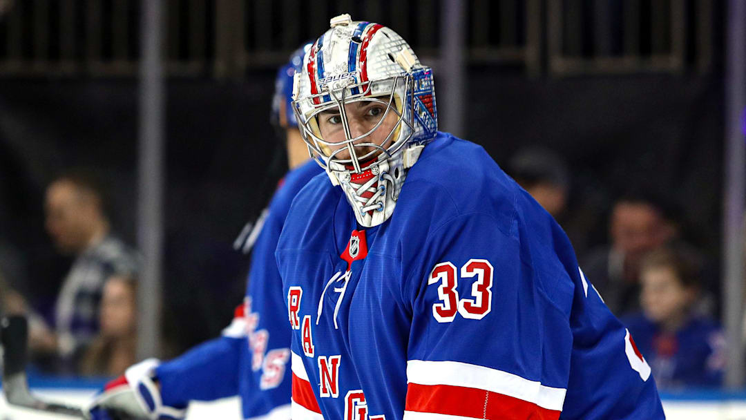 Dec 8, 2024; New York, New York, USA; New York Rangers goalie Dylan Garand (33) warms up before his NHL debut against the Seattle Kraken at Madison Square Garden. Mandatory Credit: Danny Wild-Imagn Images