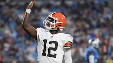 Aug 8, 2025; Charlotte, North Carolina, USA;  Cleveland Browns quarterback Shedeur Sanders (12) celebrates his touchdown pass against the Carolina Panthers during the second quarter at Bank of America Stadium. Mandatory Credit: Jim Dedmon-Imagn Images