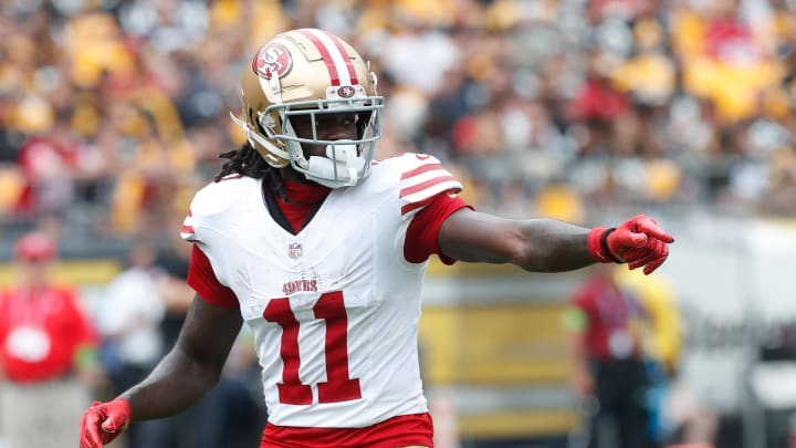 Sep 10, 2023; Pittsburgh, Pennsylvania, USA;  San Francisco 49ers wide receiver Brandon Aiyuk (11) gestures at the line of scrimmage against the Pittsburgh Steelers during the first quarter at Acrisure Stadium. Mandatory Credit: Charles LeClaire-USA TODAY Sports