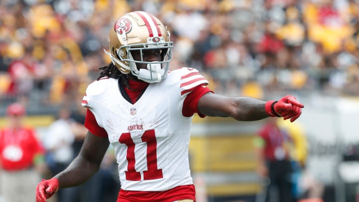 Sep 10, 2023; Pittsburgh, Pennsylvania, USA;  San Francisco 49ers wide receiver Brandon Aiyuk (11) gestures at the line of scrimmage against the Pittsburgh Steelers during the first quarter at Acrisure Stadium. Mandatory Credit: Charles LeClaire-USA TODAY Sports