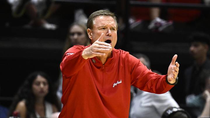 Mar 20, 2026; San Diego, CA, USA; Kansas Jayhawks head coach Bill Self reacts in the first half against the California Baptist Lancers during a first round game of the men's 2026 NCAA Tournament at Viejas Arena. Mandatory Credit: Denis Poroy-Imagn Images