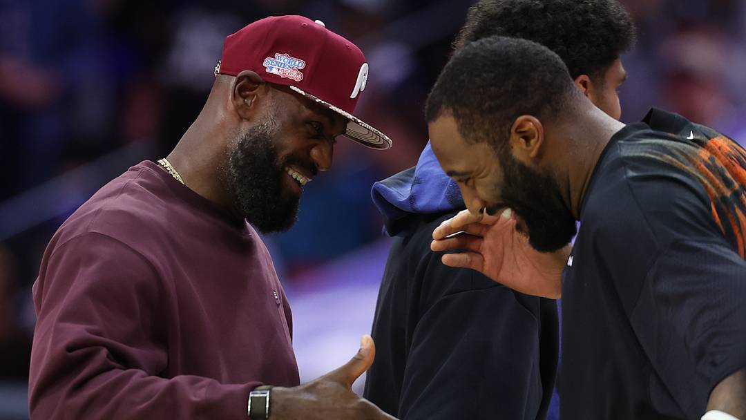 Oct 5, 2026; Philadelphia, Pennsylvania, USA; Philadelphia 76ers forward LeBron James (L) greets New York Knicks center Andre Drummond (R) during a timeout in the first quarter at Xfinity Mobile Arena. Mandatory Credit: Bill Streicher-Imagn Images Oct 5, 2026; Philadelphia, Pennsylvania, USA; Philadelphia 76ers forward LeBron James (L) greets New York Knicks center Andre Drummond (R) during a timeout in the first quarter at Xfinity Mobile Arena. Mandatory Credit: Bill Streicher-Imagn Images