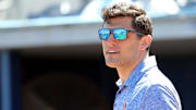 Mar 7, 2019; Port Charlotte, FL, USA; Tampa Bay Rays senior vice president of baseball operations Chaim Bloom looks on before a game against the Toronto Blue Jays at Charlotte Sports Park. Mandatory Credit: Kim Klement-Imagn Images