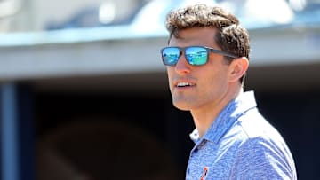 Mar 7, 2019; Port Charlotte, FL, USA; Tampa Bay Rays senior vice president of baseball operations Chaim Bloom looks on before a game against the Toronto Blue Jays at Charlotte Sports Park. Mandatory Credit: Kim Klement-Imagn Images
